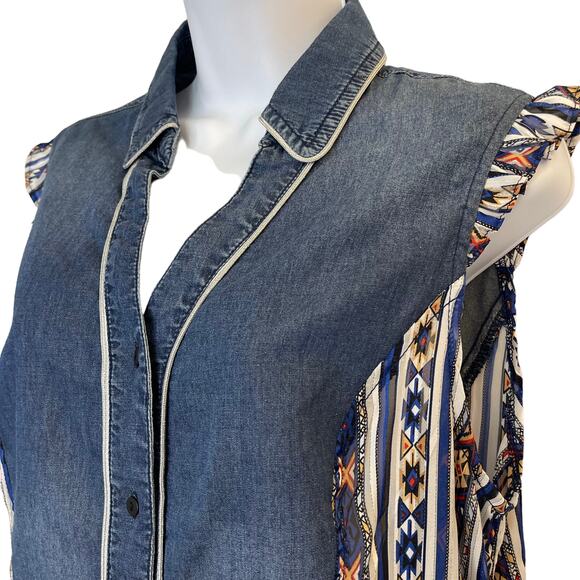 Desigual Womens Sleeveless Denim Shirt Naha XL V-Neck Button Up Aztec Side Panel - Picture 2 of 7